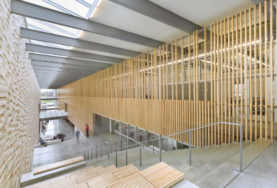Open school circulation space with wood accents and textured masonry walls